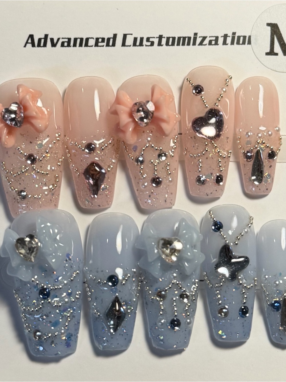 Peach & Pale Blue 3D Floral Press-On Nails - Women Makeup